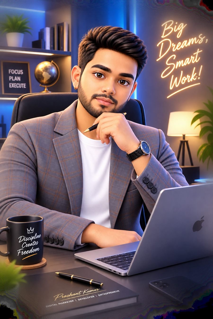 3D avatar of Prashant Kumar at his desk — big dreams, smart work