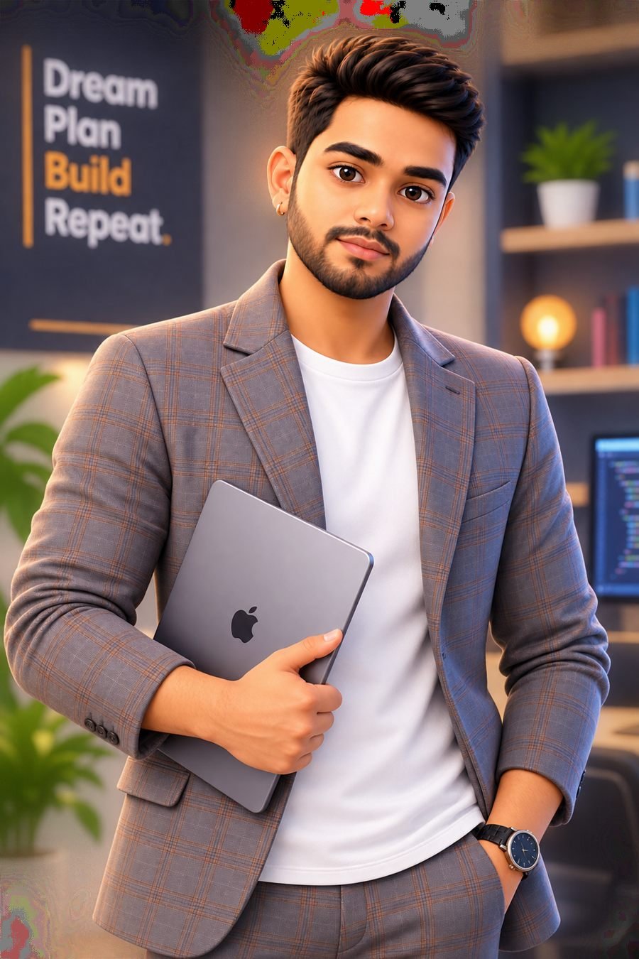 3D avatar of Prashant Kumar holding a laptop — dream, plan, build, repeat
